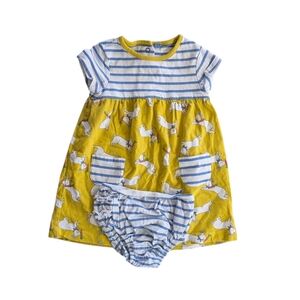 Boden Blue & Yellow Bunny Rabbit Print Dress with Bloomers 6-12m Size